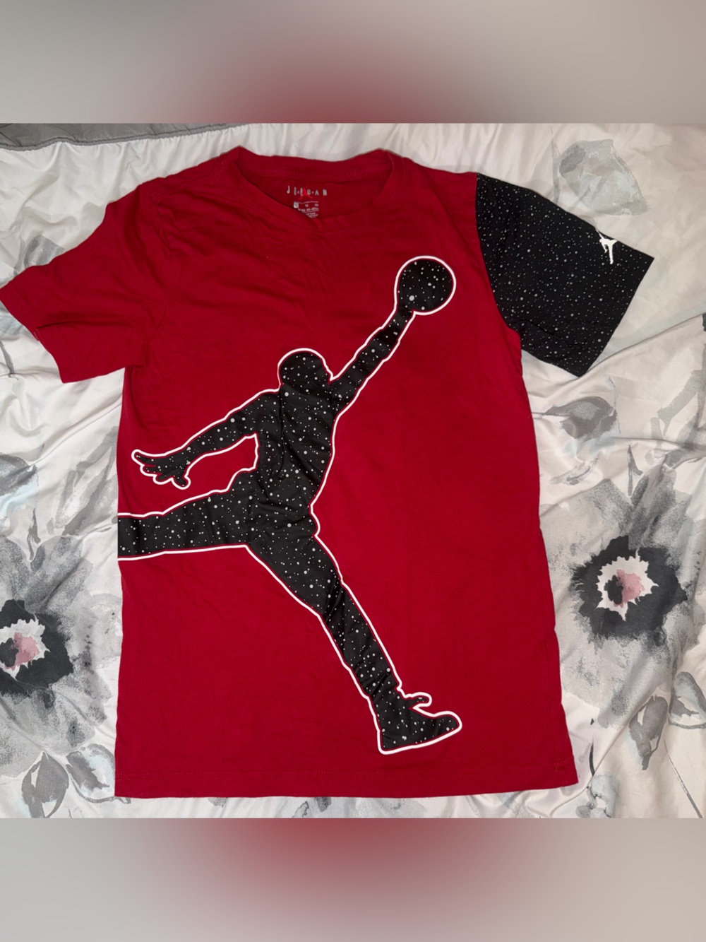 Jordan Red Short-Sleeve Tee with Black Speckled Sleeve